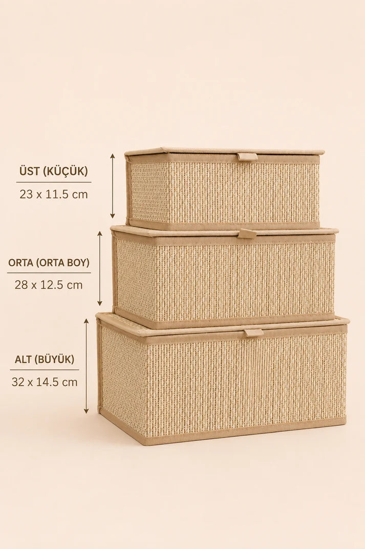 3'lü Bambu Organizer Sepet -Hasır Dokulu