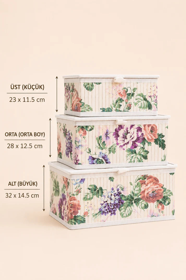 3'lü Bambu Organizer Sepet - Çiçekli