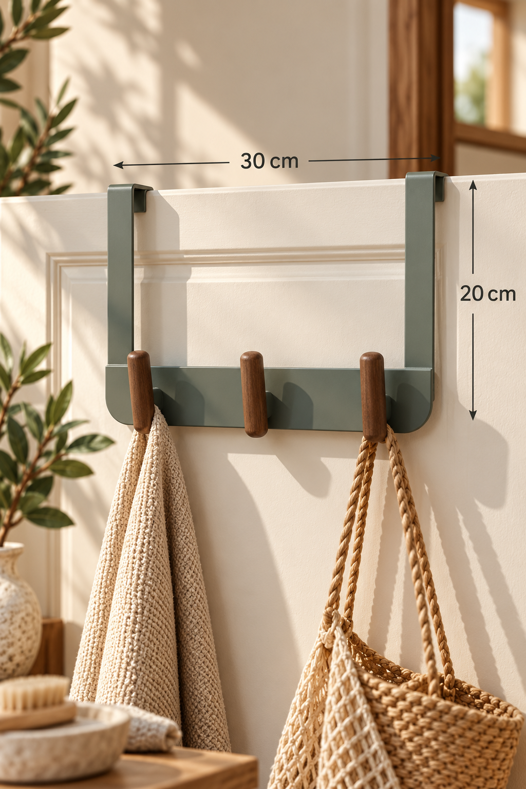 Ahşap Detaylı Metal Askı - Gri (30x20 Cm) 3 Askılı