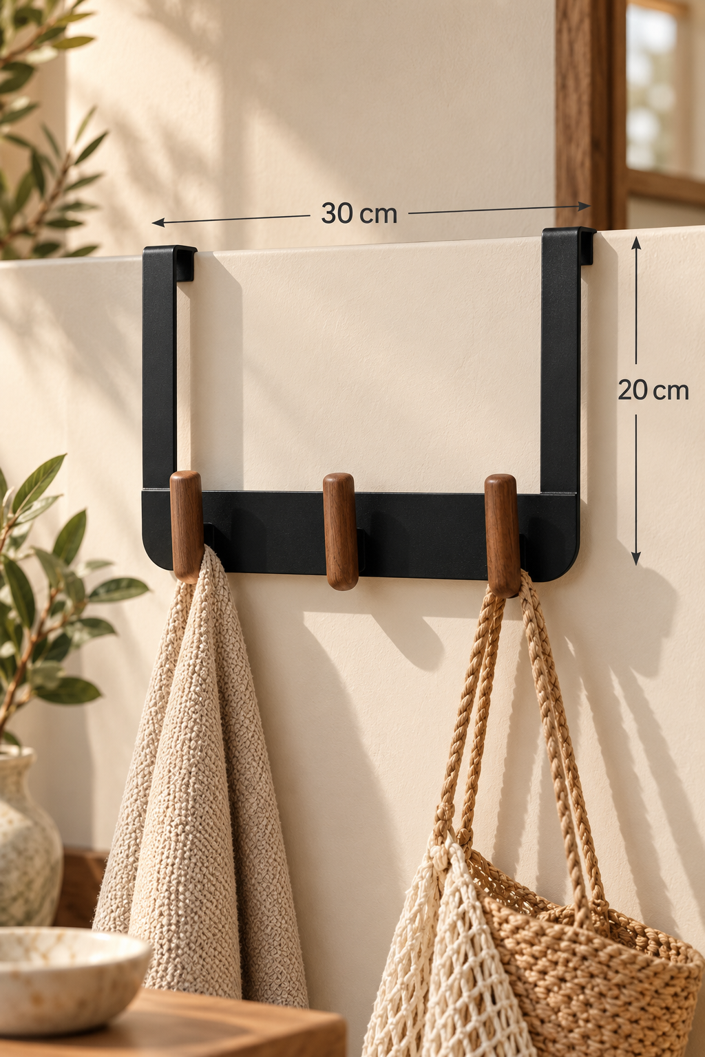 Ahşap Detaylı Metal Askı - Siyah (30x20 Cm) 3 Askılı