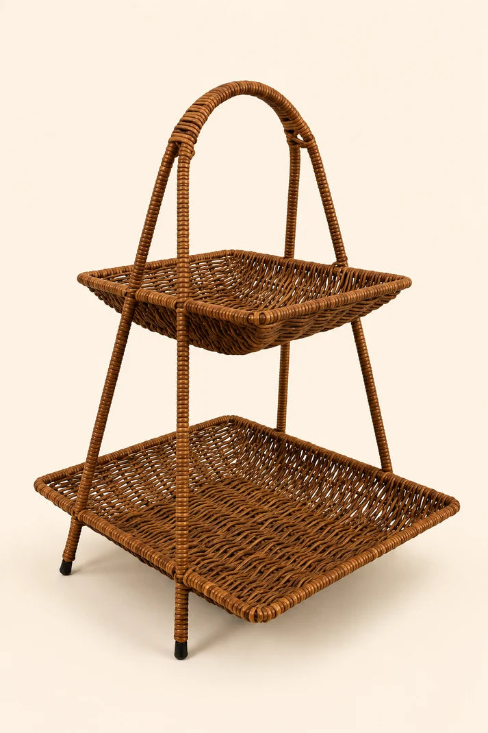 2 Katlı Rattan Sepet Organizer - Koyu Renk