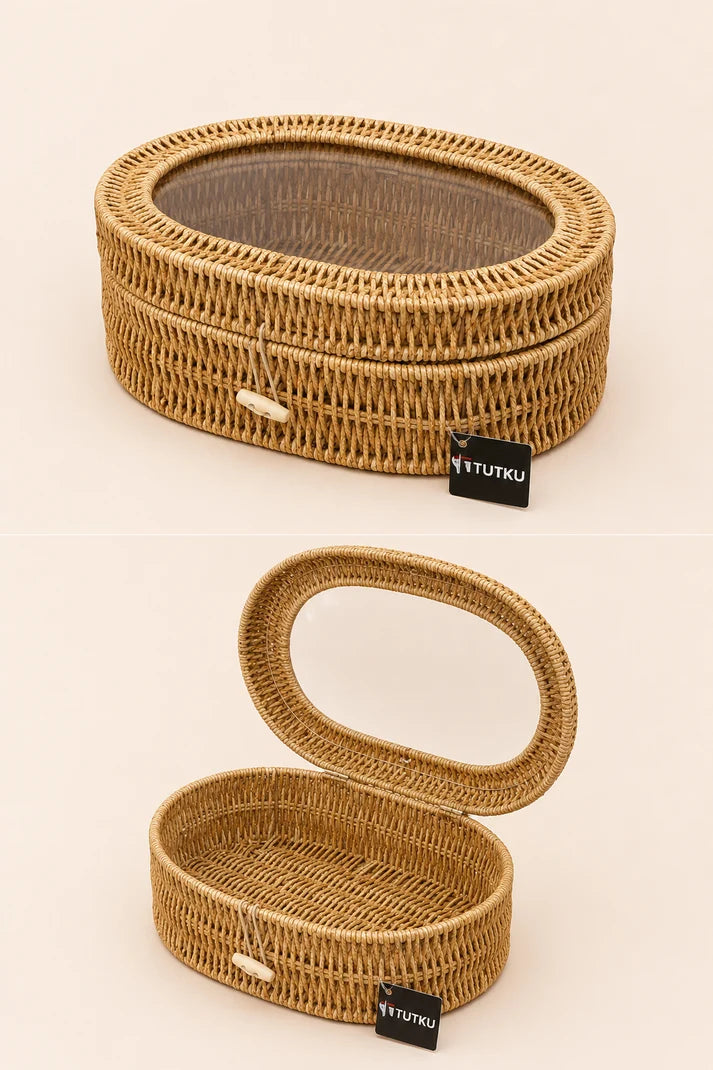 Pencereli Oval Rattan Organizer - Açık Renk