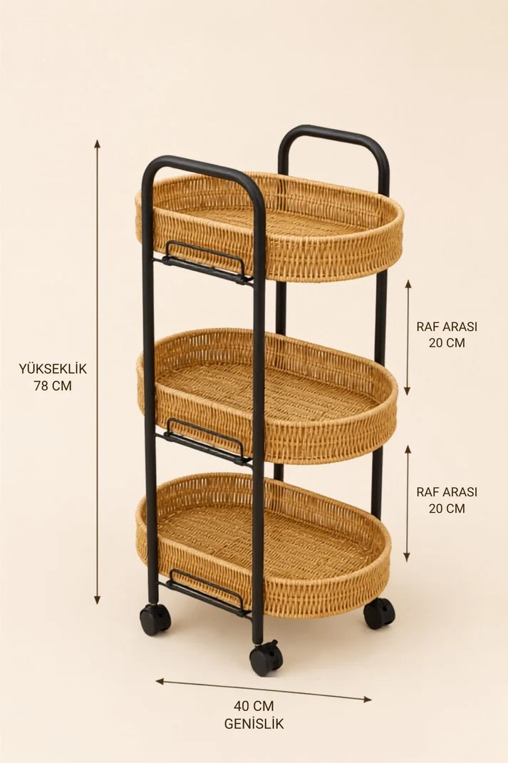 3 Katlı Tekerlekli Rattan Sebzelik Organizer - Açık Renk