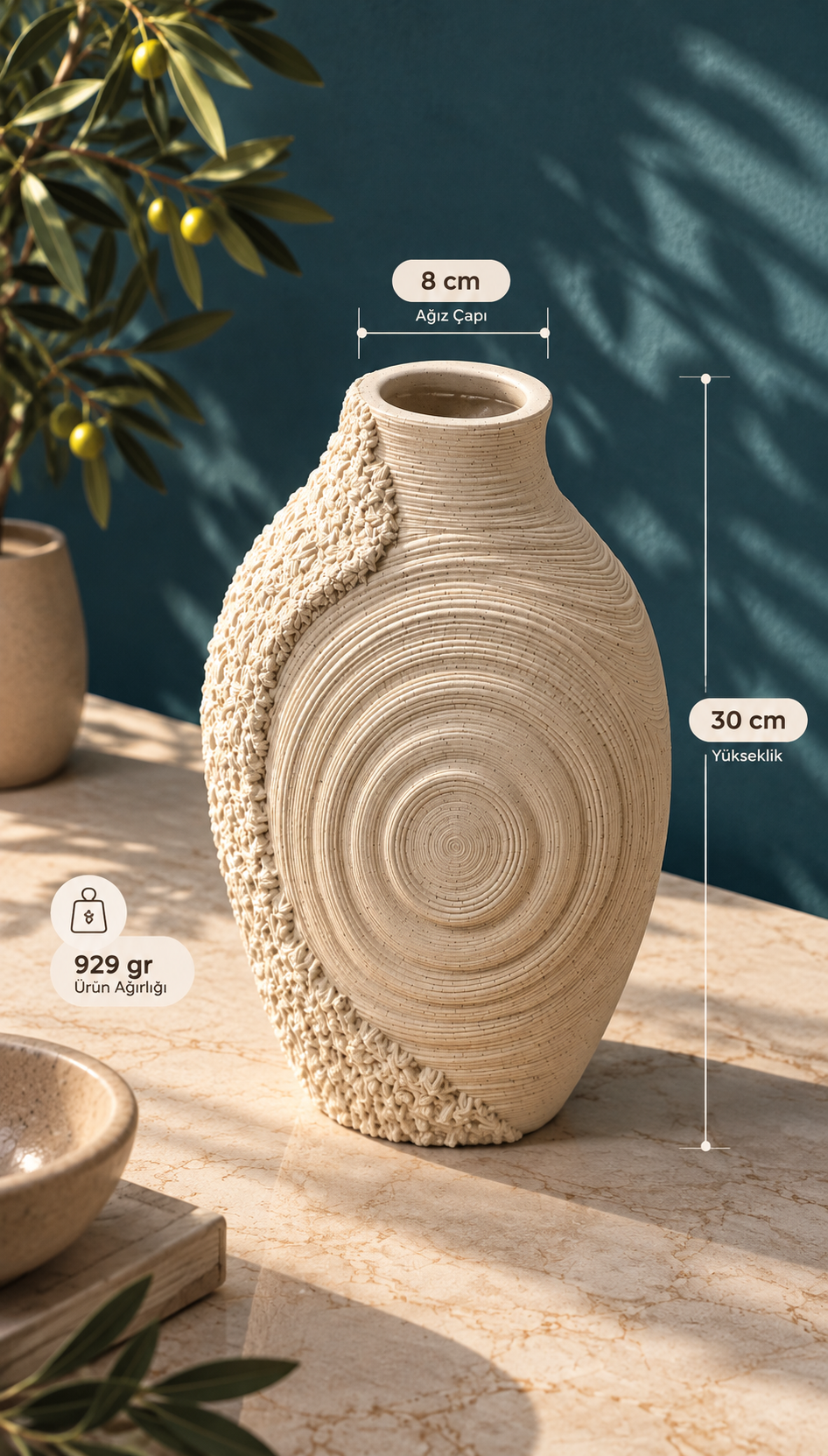 Organik Spiral Dekoratif Traverten Vazo 30 Cm