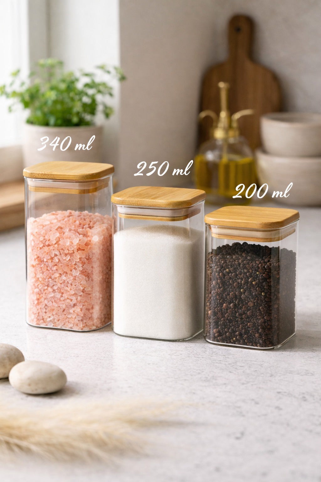 Bambu Kapaklı 3'lü Cam Kavanoz / 200-250-340 ML