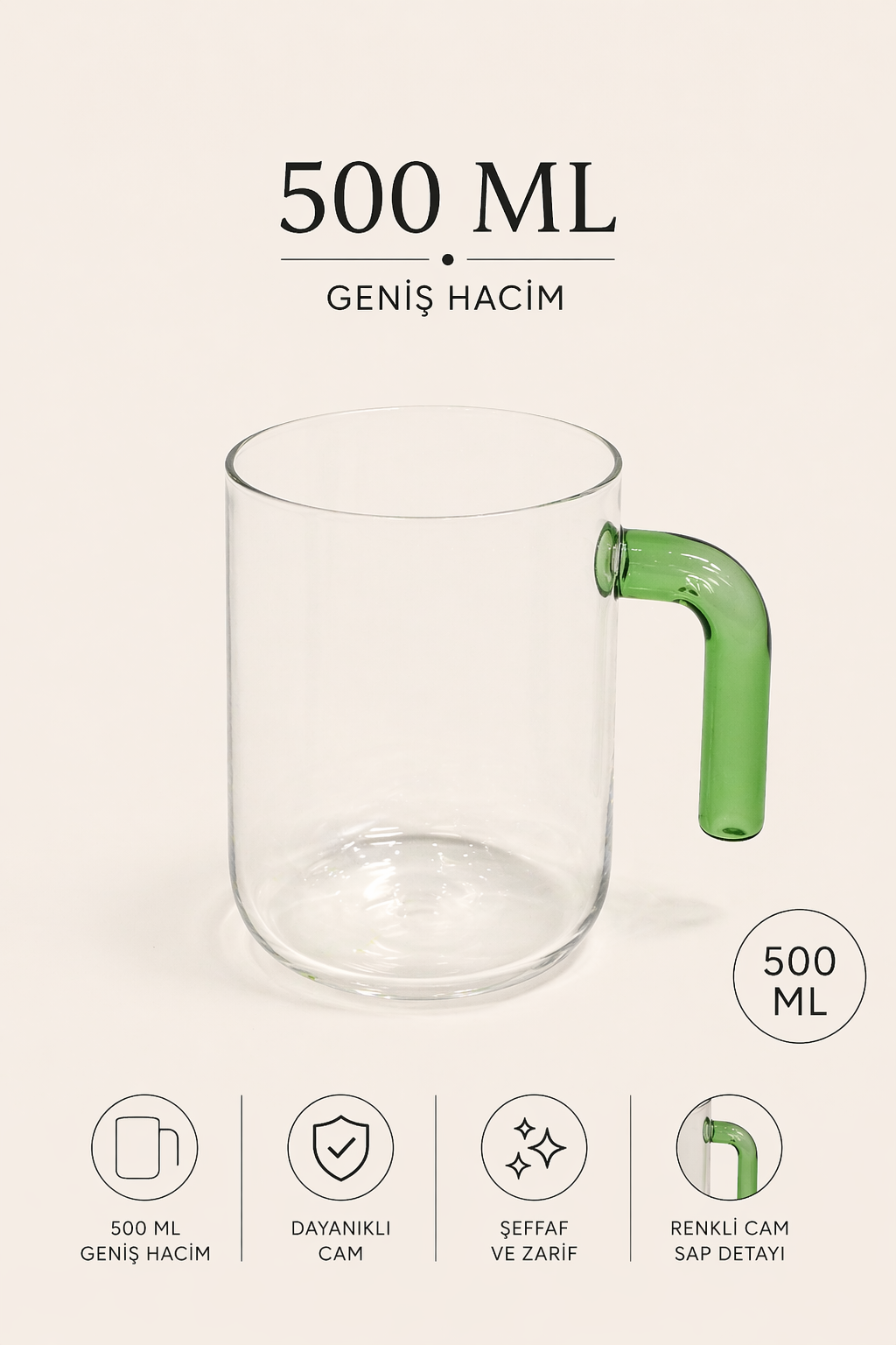 Pure Renkli Kulplu Kupa Bardak 500 ML - Yeşil