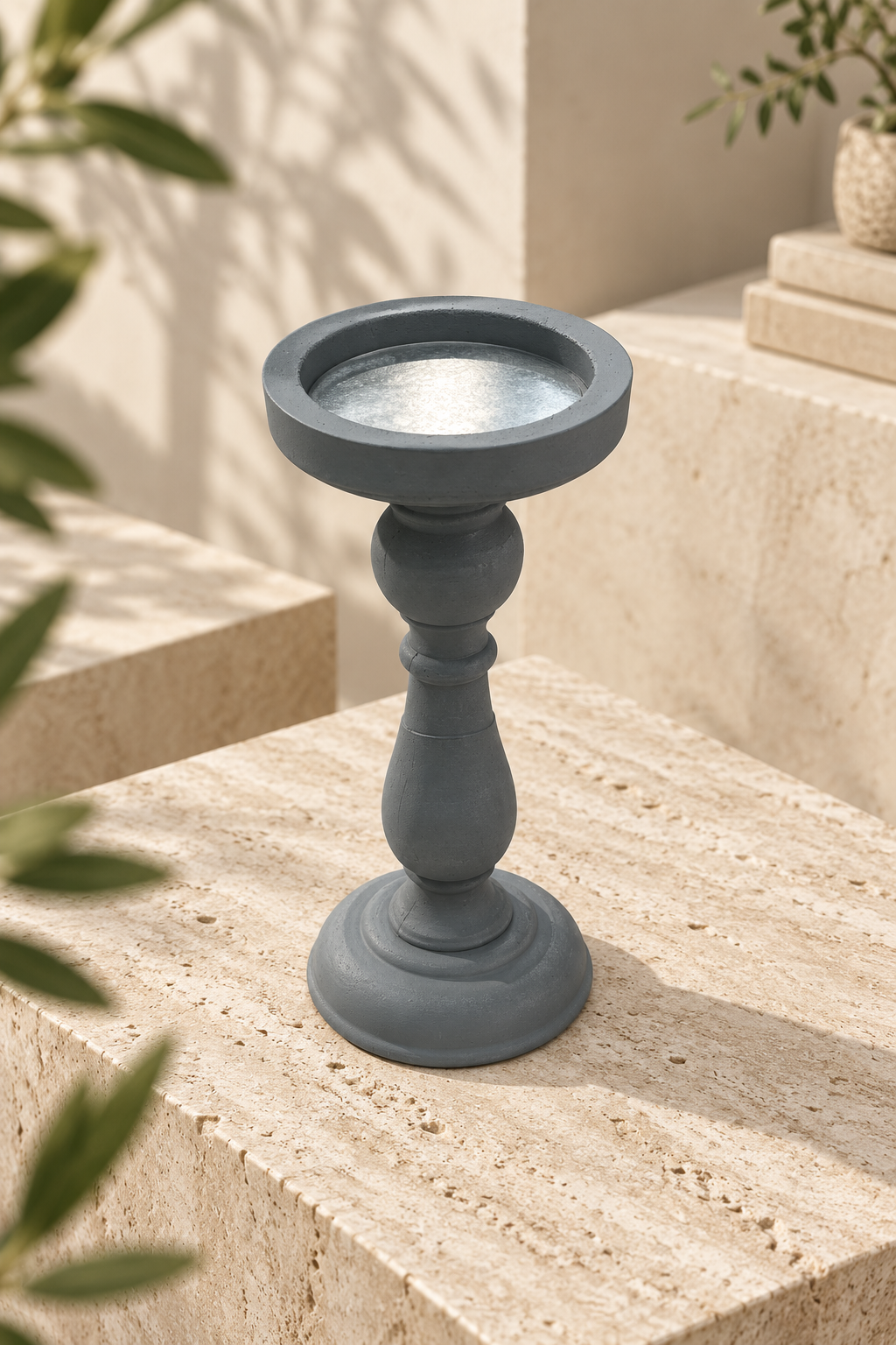 Eskitme Desen Şamdan - Gri (26 Cm)