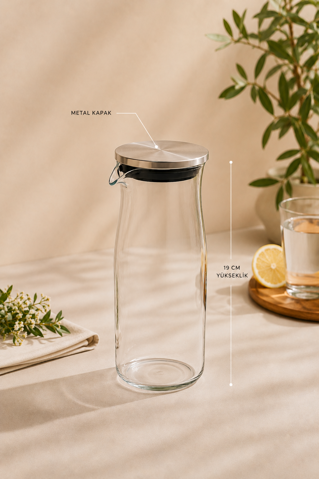 Metal Kapaklı Cam Baş Ucu Sürahisi 780 Ml