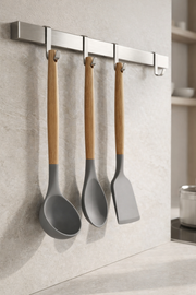 3’lü Silikon Servis Seti – Kepçe, Kaşık ve Spatula (Bambu Saplı) - GRİ