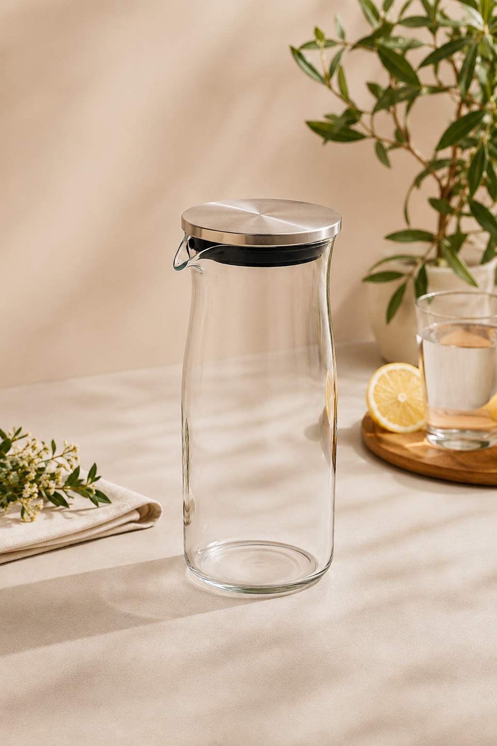 Metal Kapaklı Cam Baş Ucu Sürahisi 780 Ml