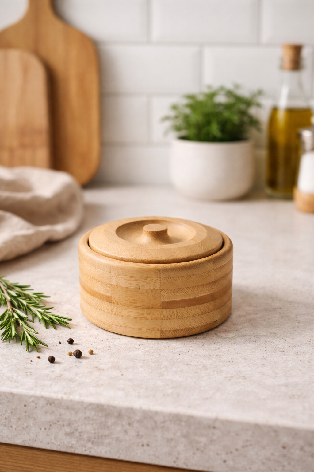 Kapaklı Yuvarlak Bambu Şekerlik