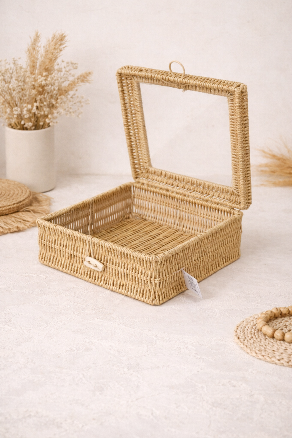 Pencereli Kare Rattan Organizer - Hasır Renk (23x23x10)