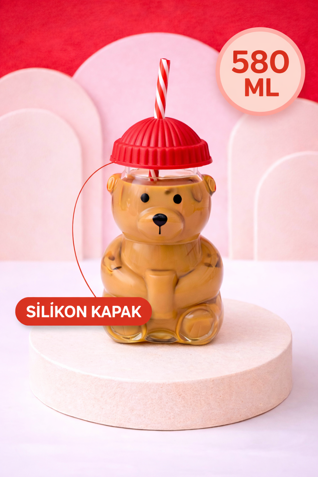 Ayıcıklı Borosilikat Cam Barista Bardak 580 Ml  - Kırmızı