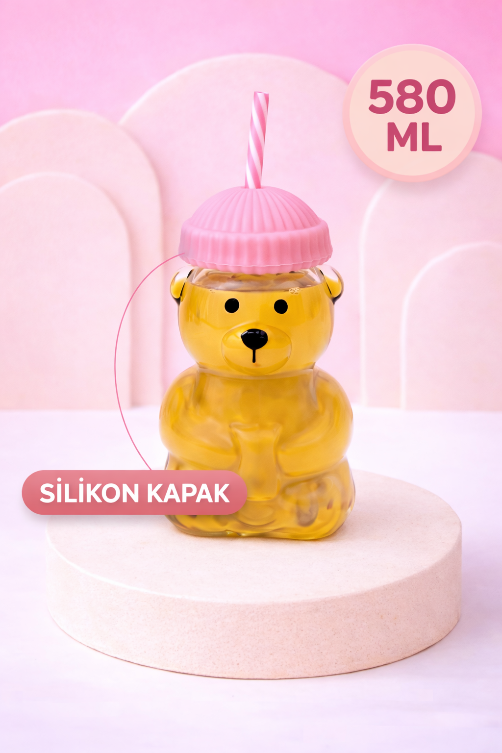 Ayıcıklı Borosilikat Cam Barista Bardak 580 Ml - Pembe