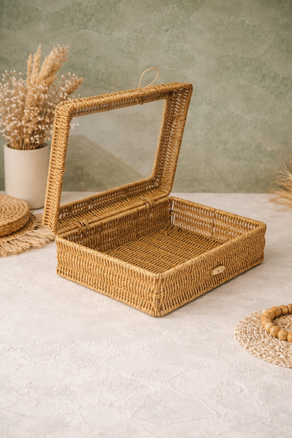 Pencereli Dikdörtgen Rattan Organizer - Hasır Renk - (30x22x10 Cm)
