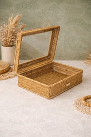 Pencereli Dikdörtgen Rattan Organizer - Hasır Renk - (30x22x10 Cm)