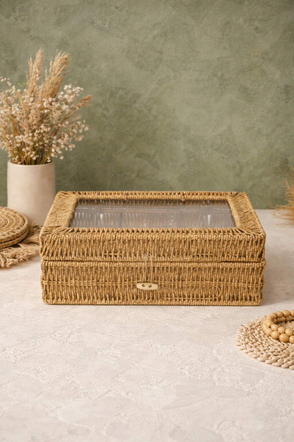 Pencereli Dikdörtgen Rattan Organizer - Hasır Renk - (30x22x10 Cm)
