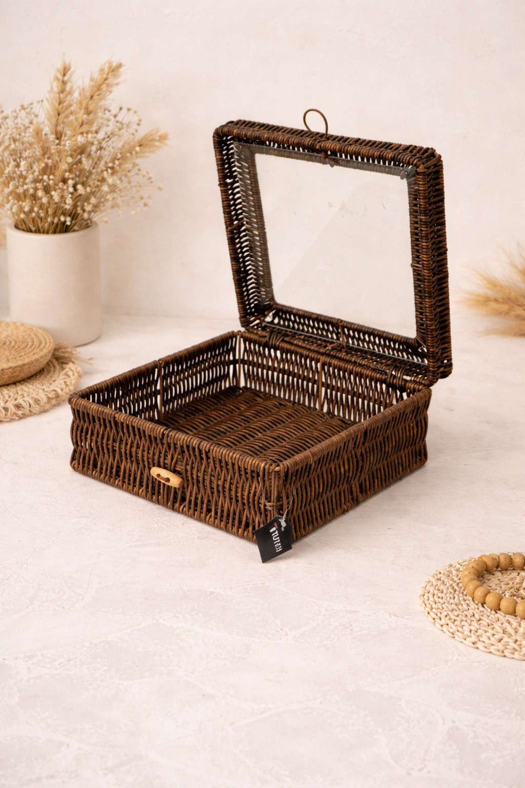 Pencereli Kare Rattan Organizer - Kahverengi (23x23x10)