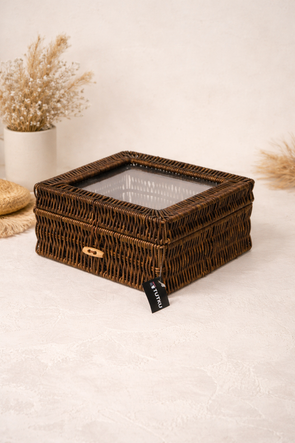 Pencereli Kare Rattan Organizer - Kahverengi (23x23x10)