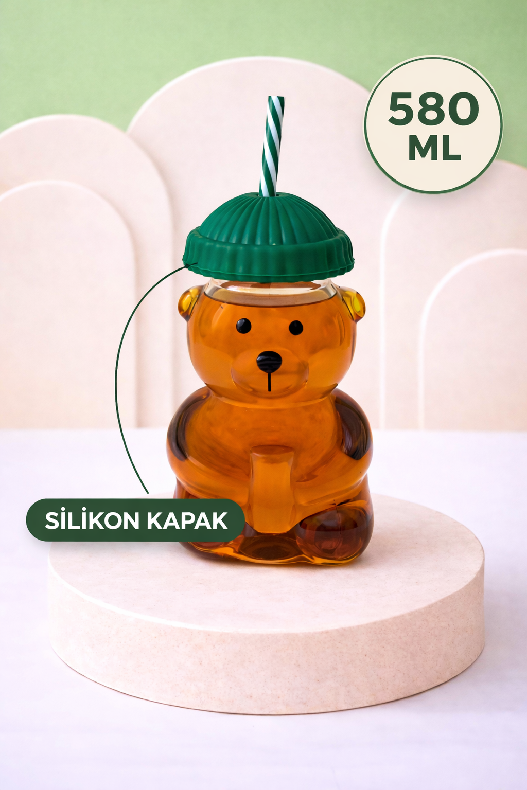 Ayıcıklı Borosilikat Cam Barista Bardak 580 Ml - Yeşil